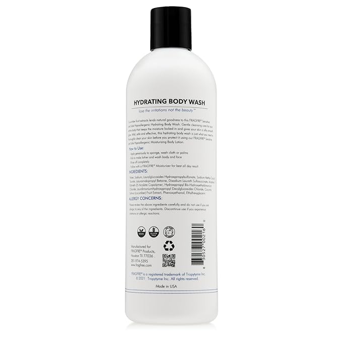 Sensitive Body Wash 16 oz - Paraben Free Sulfate Free Body Cleanser - Hypoallergenic for Delicate and Flaky Skins - No Synthetic Fragrance - Cucumber for Hydration Mild Aroma - Vegan No Gluten
