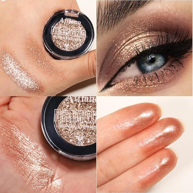 Brown Sparkle Eyeshadow, Highly Pigmented Shimmer Glitter Nude Champagne Eyeshaow with Cream Finish for Hazel Eyes,Long Lasting & Buildable Metallic Light Brown Shiny Eye Shadow for Natural Look,Vegan