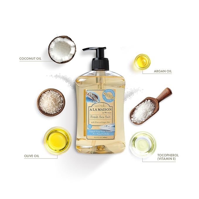 A LA MAISON Fresh Sea Salt French Liquid Hand Soap - Natural Hand Wash Made with Essential Oils - Biodegradable, Plant-Based, Vegan, Cruelty-Free, Alcohol & Paraben Free (16.9 oz, 2 Pack)