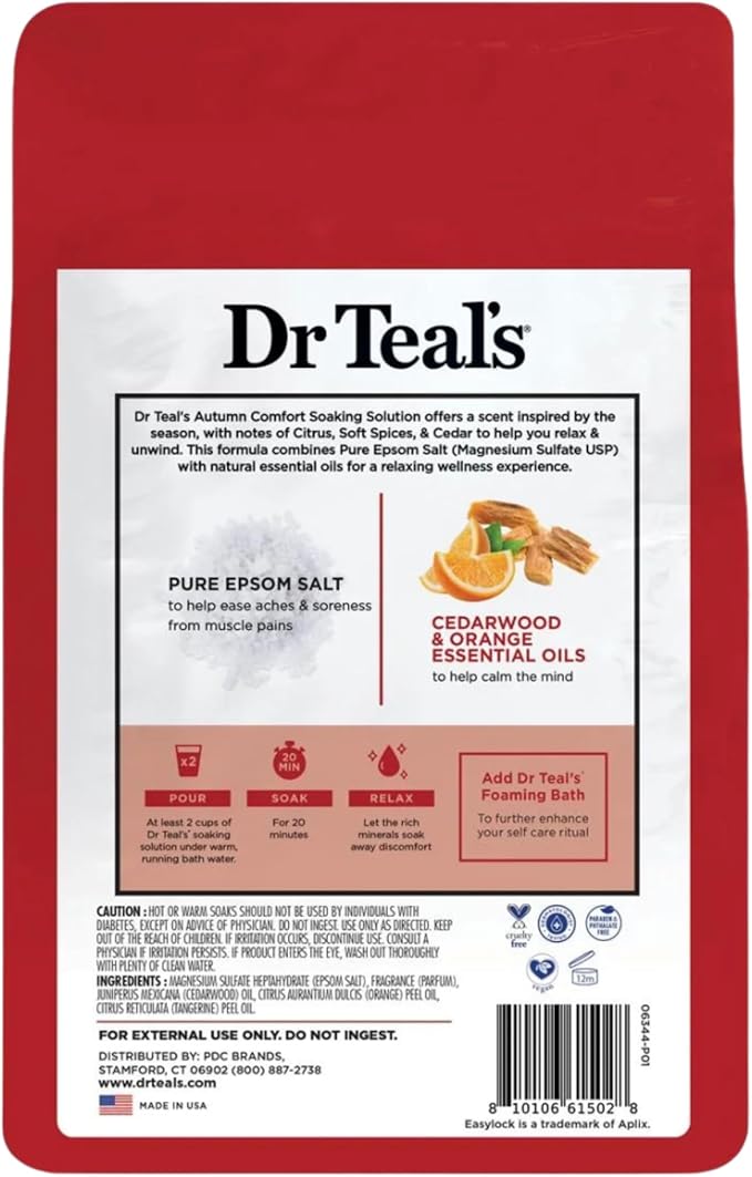 Dr Teal's Warm Autumn Comfort Pure Epsom Salt Soak, 3 lbs Each | 2 Pack of Limited Edition Fall Scent (Autumn)