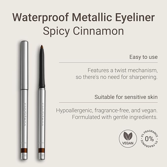 Sandstone Scandinavia Hypoallergenic Waterproof Metallic Eyeliner Pencil – Brown – Fragrance-Free, Vegan – Smudge-Proof Eye Liner for Sensitive Eyes