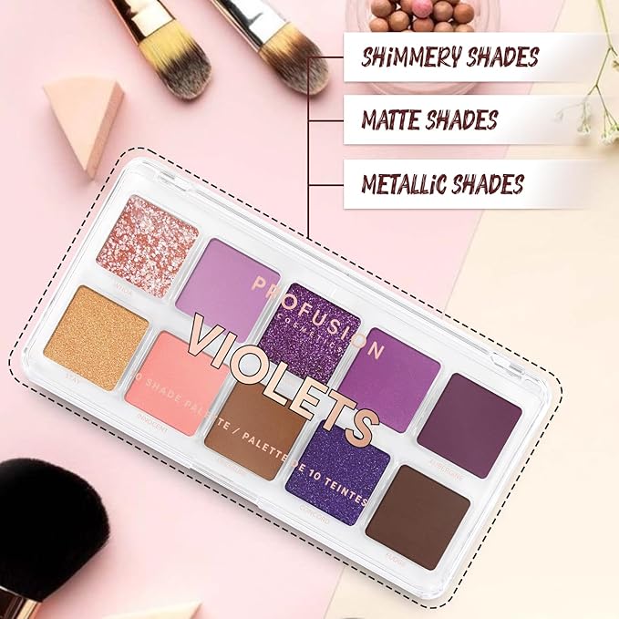 Profusion Cosmetics Violets 10 Shade Eyeshadow Palette – Matte & Shimmer Violet Tones, Pigmented & Blendable Shadows for Stunning Eye Looks and Rise Your Makeup Routine