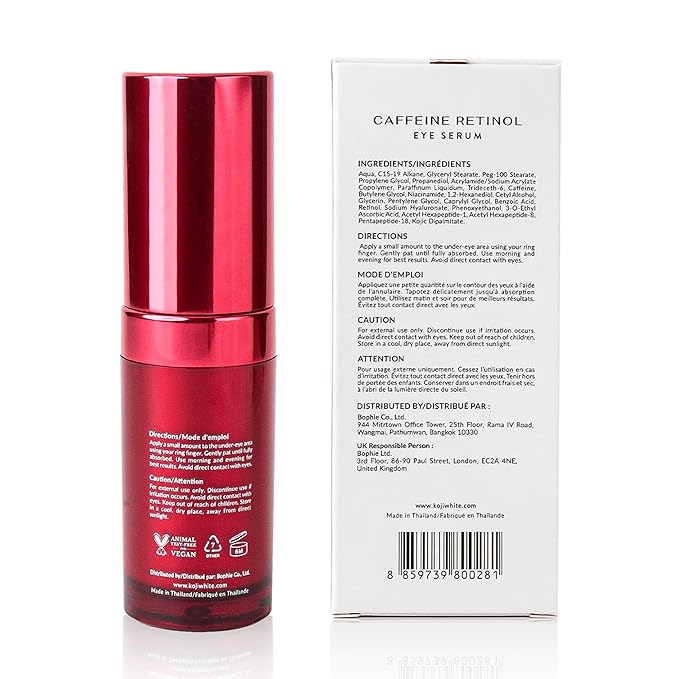Koji White 3% Caffeine Eye Serum for Puffiness & Dark Circles with 0.2% Retinol, Peptides, Hyaluronic Acid & Vitamin C - Fragrance-Free, Unscented for Sensitive Skin, Vegan Skincare 0.50 Fl Oz