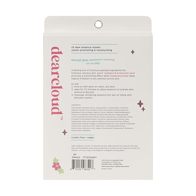 dearcloud Dear Dewy Skin Deep Moisturizing Dew Essence Face Mask, Korean Sheet Mask - Vegan Collagen, Hyaluronic Acid & Madecassoside (3 Count)