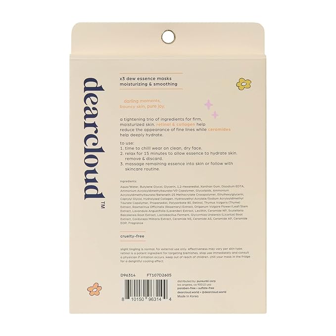 dearcloud Hoppy Skin Firm Renewal Dew Essence Face Mask, Korean Sheet Mask - Collagen, Retinol & Ceramides (3 Count)