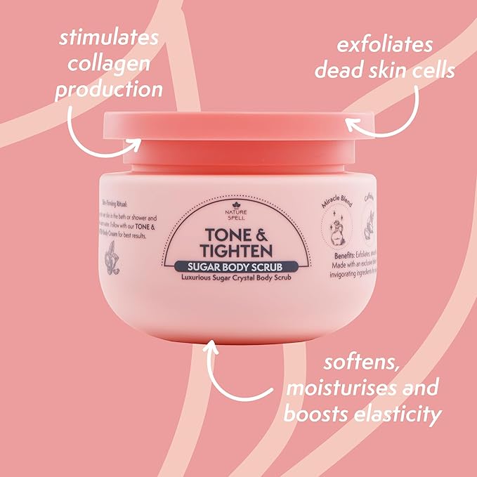 Nature Spell Tone & Tighten Body Care Gift Set for Women, Body Wash, Sugar Scrub and Cream with Hyaluronic Acid, Ginseng Extract and Plant Collagen, for All Skin Types, Vegan, Set of 3