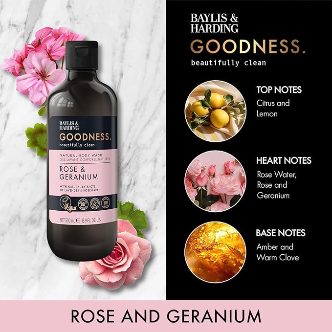 Baylis & Harding Goodness Rose & Geranium Natural Body Wash 16.9 fl. oz (Pack of 3) - Biodegradable Formula - Vegan Friendly