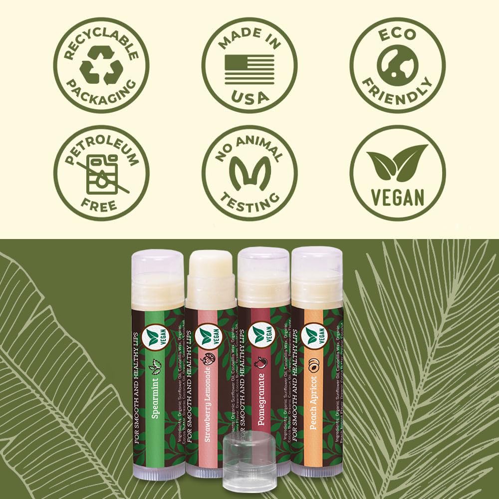 Vegan Lip Balm 4-Pack, Beeswax Free Lip Balm, Natural, Organic Flavors - Assorted Flavors, Plant Based Vegan Chapstick, Moisturizer