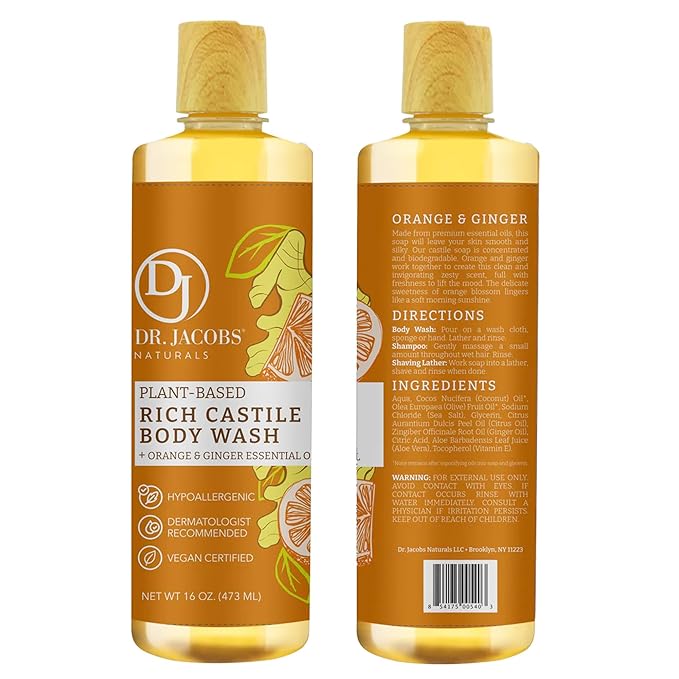 Dr. Jacobs Naturals Pure Castile Soap Liquid Body Wash, Orange & Ginger - Plant Based Soap Infused with Vitamin E & Aloe Vera to Moisturize Dry and Sensitive Skin - Made in The USA - 16 oz