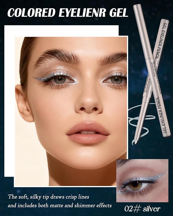Silver Glitter Gel Eyeliner Pencil Waterproof, Metallic Retractable Cream Smooth Eye Liner Pencils, Long Lasting Waterline Hypoallergenic Precision Eyeliner Pencil, Smudge-Proof Makeup for Women-02