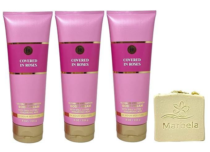 Bath & Body Works Covered In Roses 3 Pack Ultimate Hydration Body Cream Bundle with a Wild Jasmine Bar Soap.