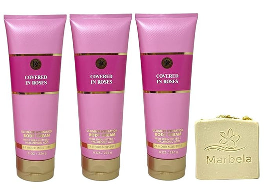 Bath & Body Works Covered In Roses 3 Pack Ultimate Hydration Body Cream Bundle with a Wild Jasmine Bar Soap.