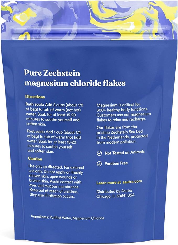 ASUTRA Magnesium Chloride Bath Flakes - FSA Eligible/HSA Approved - Relaxing Foot & Body Soaks, Epsom Salt Alternative, Rapid Absorption, FSA Foot Care, 2 lbs