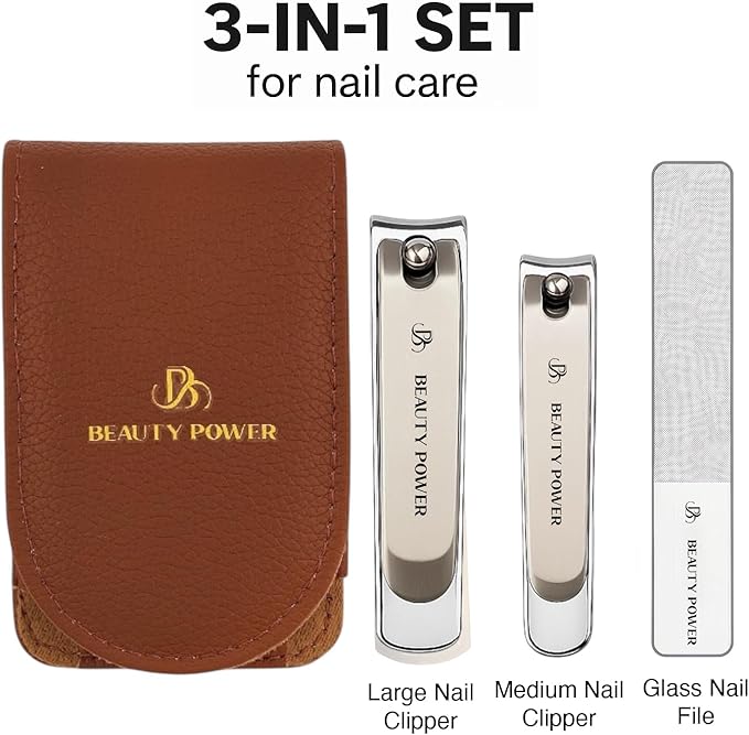 Nail Clippers Set 3 in 1 - Stainless Steel Toe Nail Clippers, Fingernail Clipper, Glass Nail File, Anti Splash, Ergonomic Grip in Brown PU Leather Travel Case for Men & Women - Gift Idea