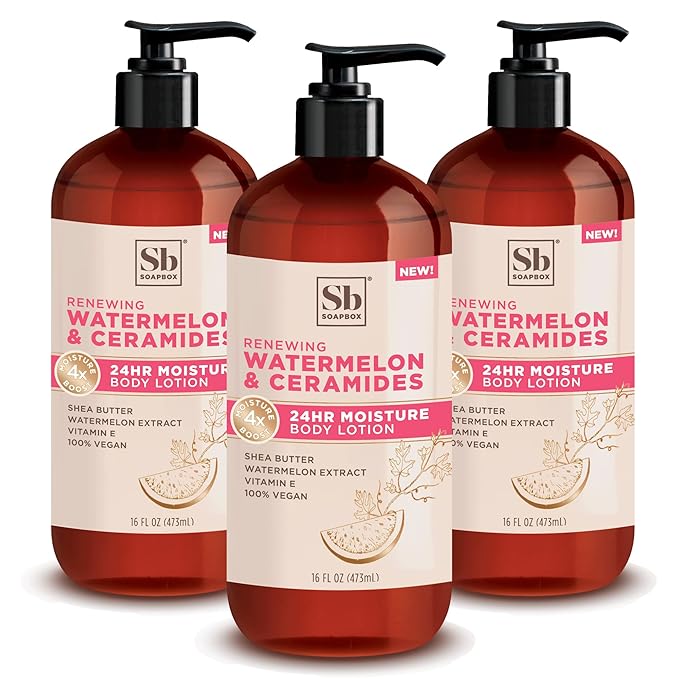 Soapbox Body Lotion, Watermelon & Ceramides Body Lotion for Dry Skin, Plump and Hydrate with Ceramides, Moisturizer for Women, Men, Vegan & Cruelty Free Skin Care, 3 Pack, 16 oz each