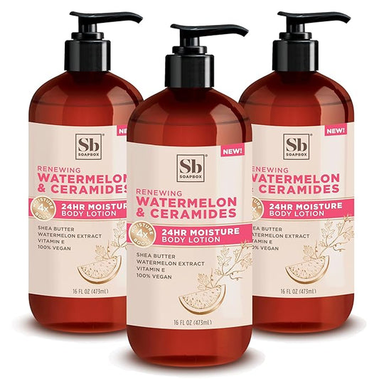 Soapbox Body Lotion, Watermelon & Ceramides Body Lotion for Dry Skin, Plump and Hydrate with Ceramides, Moisturizer for Women, Men, Vegan & Cruelty Free Skin Care, 3 Pack, 16 oz each