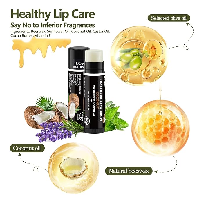 10 Pack Lip Balm for Men - Hydrating Men's Lip Balm Vitamin E and Beeswax - Chapstick for Men Peppermint, Coconut, Vanilla, Lavender & Unscent