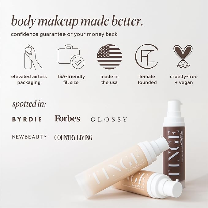 Tinge Body Makeup, Water & Transfer Resistant, Medium Coverage Cream, Lasts Up to 48 Hours, For All Skin Types, Fragrance Free, Vegan, American Made, 3.38 Fl Oz. - Deep Warm