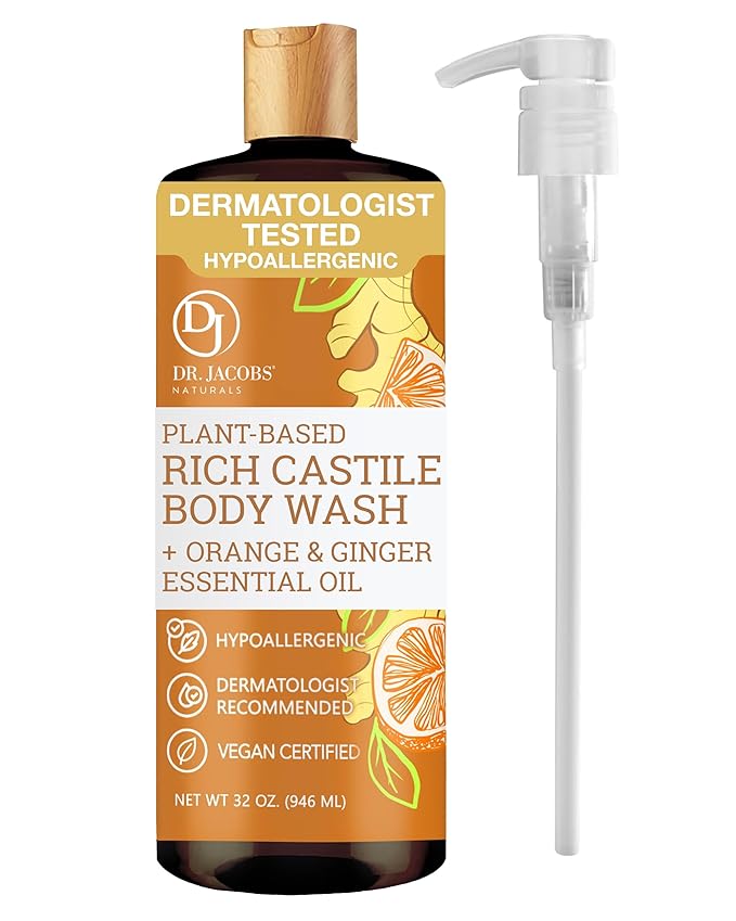 Dr. Jacobs Naturals Castile Orange and Ginger All-Natural Body Wash for Moisturizing Dry Skin with Plant-Based Ingredients with Pump - 32 Ounce