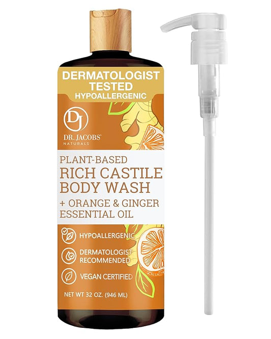 Dr. Jacobs Naturals Castile Orange and Ginger All-Natural Body Wash for Moisturizing Dry Skin with Plant-Based Ingredients with Pump - 32 Ounce