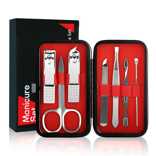 7 Pcs Manicure Set Stainless Steel Nail Clippers Kit, Nail Care Beauty Tools Set Christmas Stocking Stuffers, Christmas Gifts for Men and Women Travel Grooming Kit with Leather Case
