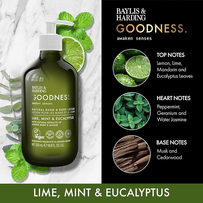 Baylis & Harding Goodness Awaken Lime, Mint & Eucalyptus Hand & Body Lotion, 500 ml (Pack of 3) - Vegan Friendly