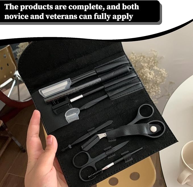 8PCS/SET Professional Eyebrow Shaping Grooming Kit - Beauty Tools Set with Leather Bag Eyebrow Grooming Kit for Women & Men, Eyebrow Trimming Kit With Razor Eyebrow Scissors and Brush with Comb Black