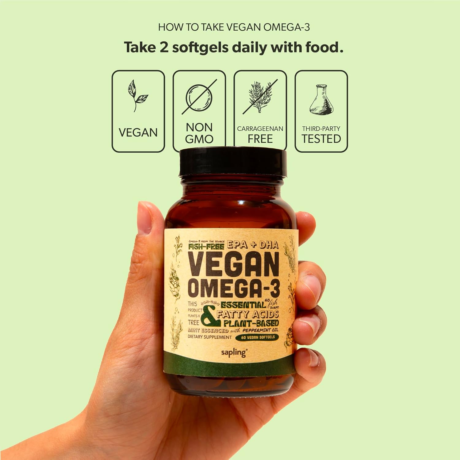 Vegan Omega 3 Supplement - Plant Based DHA & EPA Fatty Acids - Carrageenan Free, Alternative to Fish Oil, Supports Heart, Brain, Joint Health - Sustainably Sourced Algae - 60 Softgels