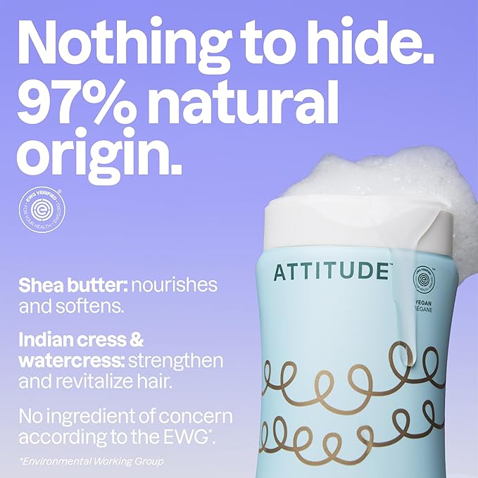ATTITUDE Ultra-Nourishing Shampoo for Curly Hair with Shea Butter, EWG Verified, Vegan and Naturally Derived 4a, 4b, 4c Curl Type, Deeply Nourishes Curls, 16 Fl Oz