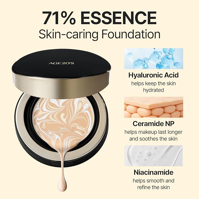 [Vegan] AGE20'S Signature Essence Pact | Pack of 1 | 17N IVORY | Korean Cushion Foundation | Cream Foundation, Dewy & Glow Finish, Natural Coverage, SPF 50+