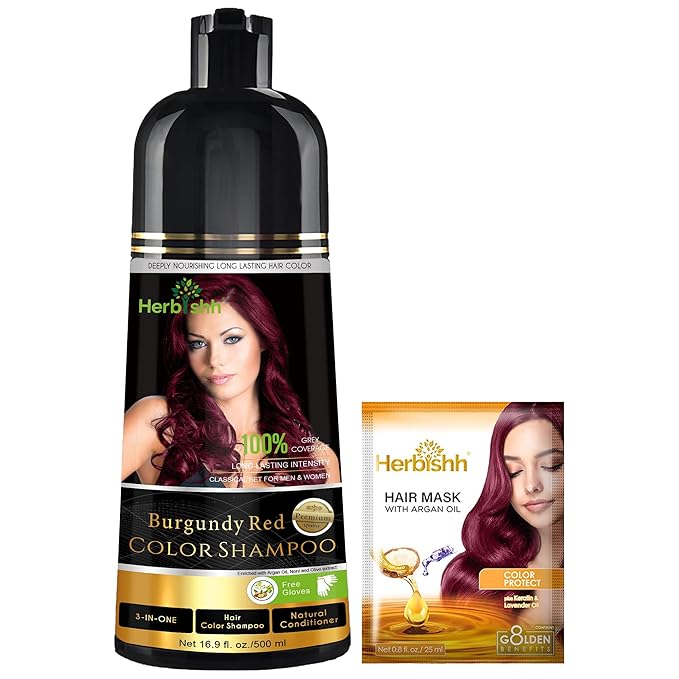 Herbishh Color Shampoo for Gray Hair Coverage (Burgundy) –Hair Dye 3-in-1 Shampoo- Colors in Minutes – Lasts Up To 2-3 Weeks – 500 mL – Ideal for Men & Women