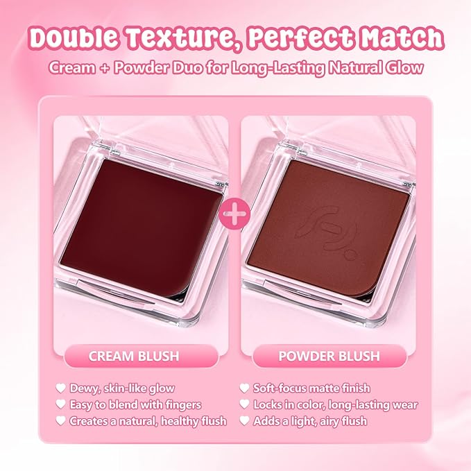 Blush Duo Powder & Cream, Rich Berry Shade, Highly Pigmented, Blendable, Dark Skin Friendly, For Medium to Deep Skin Tones (Wine Berry)