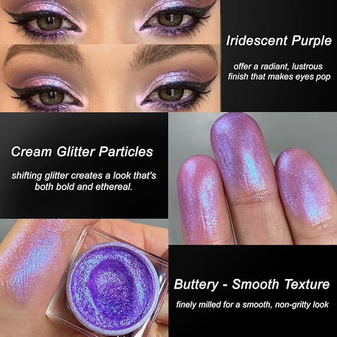 Shimmer Purple Cream Eyeshadow, Moisturizing Metallic Sparkling Ultra-Blendable Purple Glitter Eye Shadow Makeup, Long Lasting Travel Friendly Creme Eyeshadow Palette for Evening Natural Look, 09#