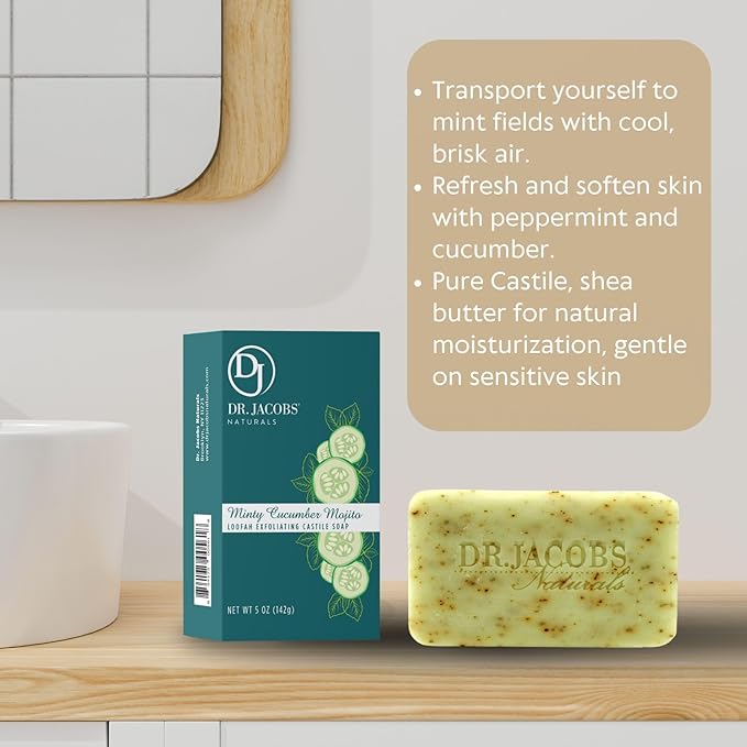 Dr Jacobs Naturals, Triple Milled Loofah Exfoliating Castile Bar Soap (Pack of 6) - Free of Parabens, Sulfates, Synthetics, Gltuen and GMO (Minty Cucumber Mojito)