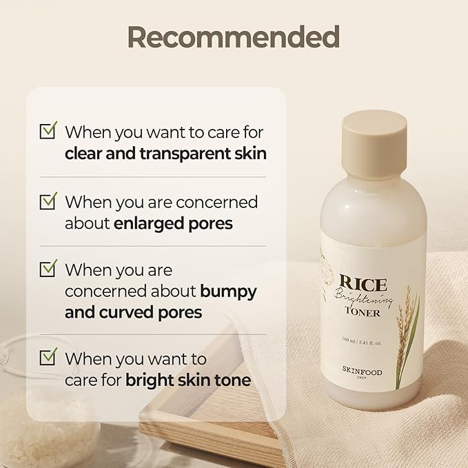SKINFOOD Rice Brightening Toner, Korean Skincare Toner for Face with 48 Hours Fermented Rice Water for Healthy Glow Glass Skin, Pore Minimizing, Hydrating, Vegan, 160ml/5.4fl.oz.