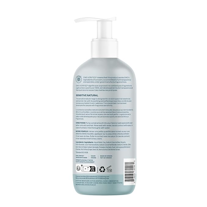 ATTITUDE Baby 2-in-1 Shampoo and Body Wash, EWG Verified, Plant- and Mineral-Based Ingredients, Vegan Products for Sensitive Skin, Unscented, 16 Fl Oz (Pack of 3)