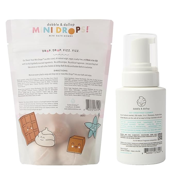 Dabble & Dollop Sweet Treat Mini Bath Bombs & Vanilla Shampoo, Body Wash and Bubble Bath for Kids - All Natural, Resealable Pouch, Foaming Whip, Vegan, Gluten-Free, Cruelty-Free (Pack of 2)