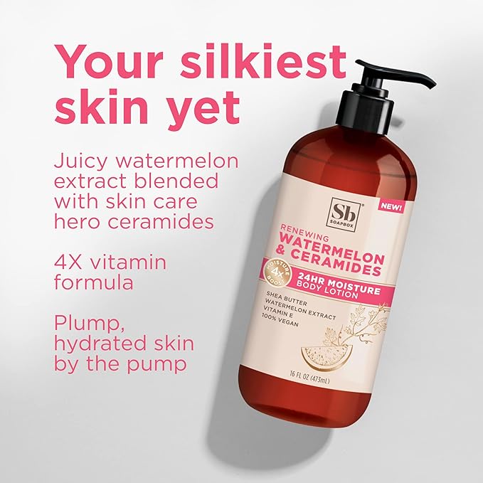 Soapbox Body Lotion, Watermelon & Ceramides Body Lotion for Dry Skin, Plump and Hydrate with Ceramides, Moisturizer for Women, Men, Vegan & Cruelty Free Skin Care, 3 Pack, 16 oz each