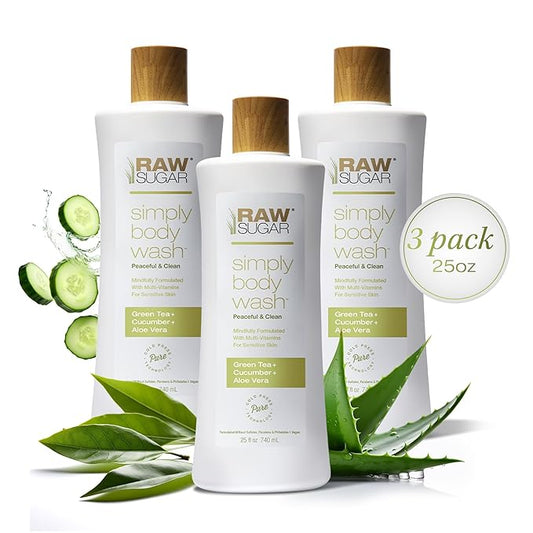 RAW SUGAR Green Tea Aloe Soother Gentle & Hydrating Body Wash, 20 Fl Oz (Pack of 3), Gentle & Soothing Bath & Shower Gel, Sensitive Skin-Friendly, Vegan, Formulated without SLS/SLES & Parabens