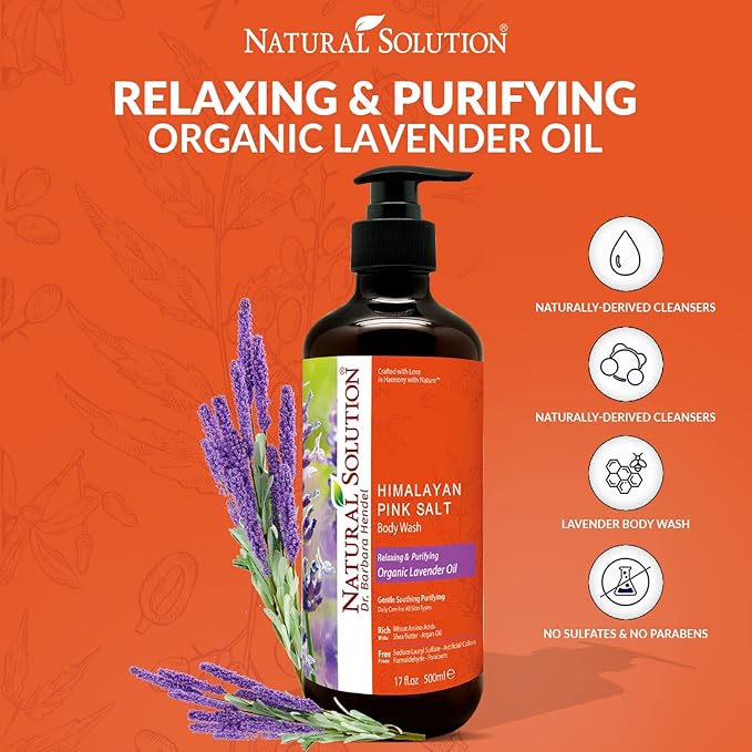 Natural Solution Moisturizing Shower Gel, Purifying & Nourishing with Organic Lavender Oil, for All Skin Types Himalayan Pink Salt Body Wash, 500 ml Each, Pack of 4