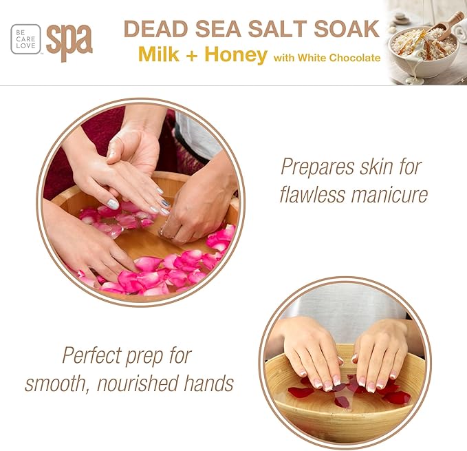 BCL SPA Dead Sea Salt Soak - Bath Salt with Organic Milk + Honey, White Chocolate, Shae Butter, Arnica, Aloe Vera Juice, Chamomile, Argan & Jojoba Oil Skin Exfoliator - Home/Professional Use 16 fl oz