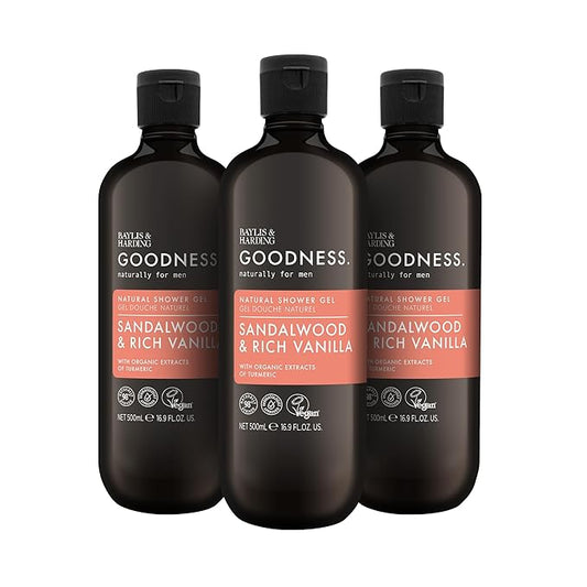 Baylis & Harding Goodness Men's Sandalwood & Vanilla Natural Body Wash, 16.9 fl. oz (Pack of 3) - Biodegradable Formula - Vegan Friendly