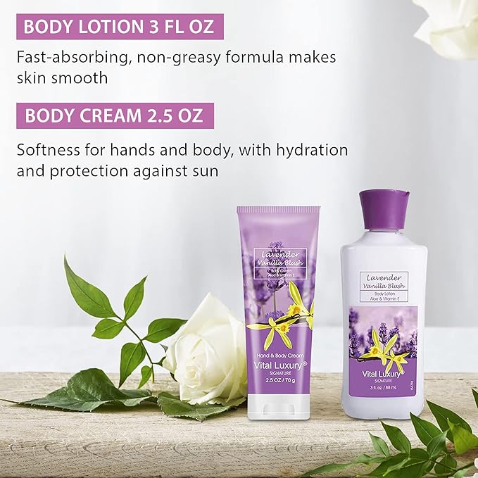 Bath and Body Gift Set, Lavender Vanilla Blush 4-Piece Skincare Collection - Lotion, Shower Gel, Hand and Body Cream, Body Mist, 3 Fl Oz Each, Holiday Gift for Her/Mom/Girlfriend/Sister