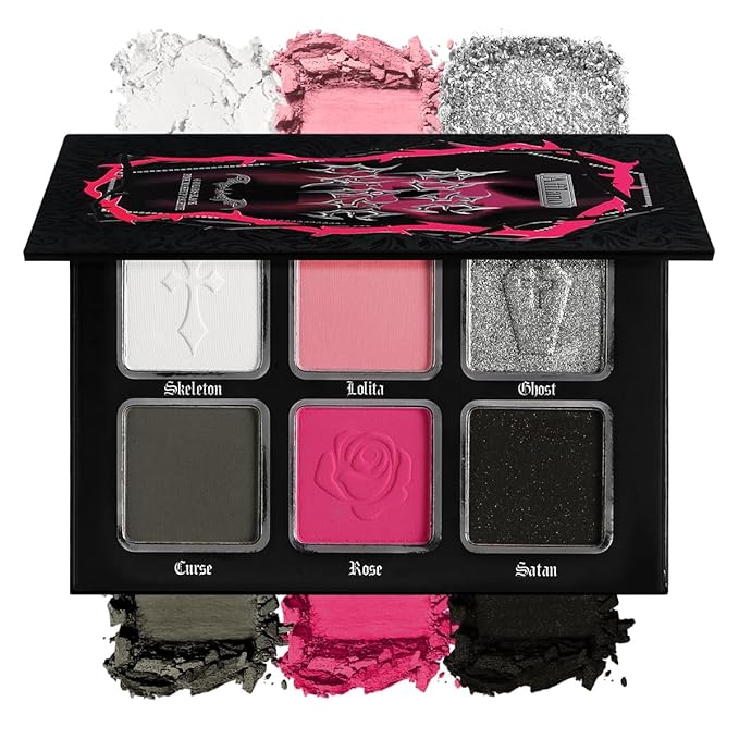 Black Pink Eyeshadow Palette, Matte Glitter White Grey Silver Goth Makeup Palette, Pigmented Long Wear Hot Pink Gothic Smoky Eye Shadow Pallet for Valentine, Halloween Vampire, Witch, Lolita, Cosplay