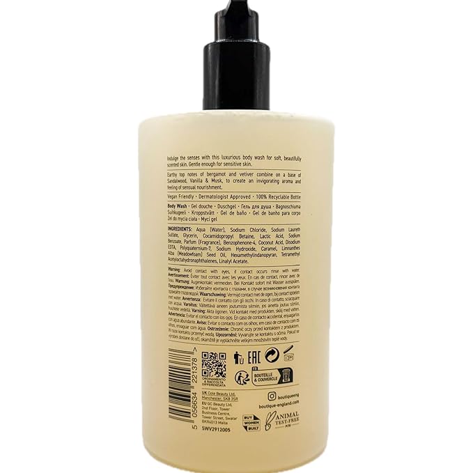 Boutique Sandalwood & Vetiver Body Wash, 33.8 fl oz, 96% Natural Essential Oils, Vegan, Soap Free