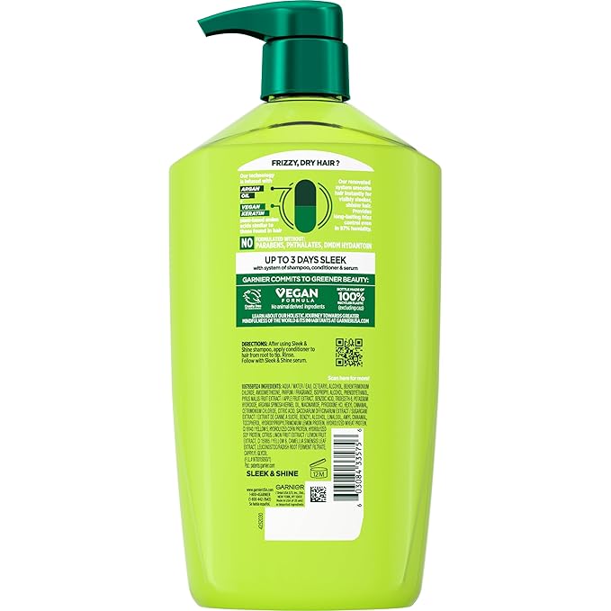 Garnier Fructis Sleek & Shine Conditioner, Smoothing Conditioner for Frizzy, Dry Hair with Argan Oil and Vegan Keratin, 33.8 Fl Oz (Packaging May Vary) (Pack of 2)