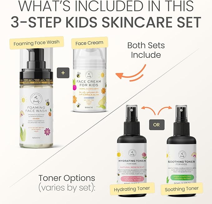 Skincare Set for Kids - Gentle Facial Wash, Unscented Soothing Toner and Cream - Natural Skin Care for Boys and Girls with Aloe Vera and Vitamin C - Vegan, Paraben-Free - Award-Winning - Ages 6-12