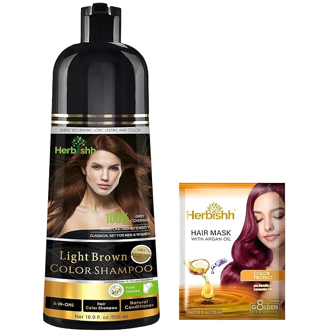 Herbishh Color Shampoo for Gray Hair Coverage (Light Brown) –Hair Dye 3-in-1 Shampoo- Colors in Minutes – Lasts Up To 2-3 Weeks – 500 mL – Ideal for Men & Women