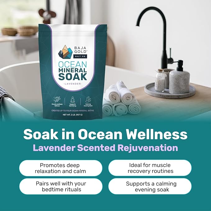 Baja Gold Ocean Mineral Soak – Natural Magnesium Bath Soak & Trace Elements | Relaxing, Clean Ingredient Soak for Bath, Muscles, Relaxation & Skin Care | Pure, Vegan, 2 Lb Resealable Bag, Lavender