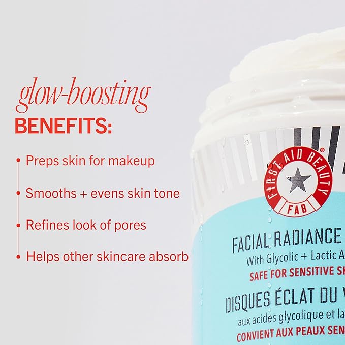 First Aid Beauty - Facial Radiance Pads with Glycolic & Lactic Acids, Daily Exfoliating Pads with AHA, Visibly Smaller Pores, Help Tone & Brighten Skin, One-Step Makeup Prep, Compostable, 90